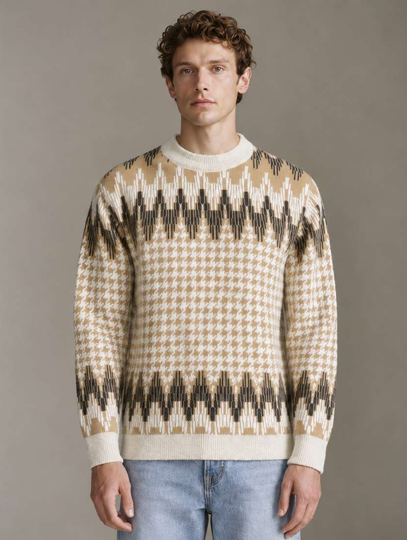 men self design long sleeve regular fit pullover