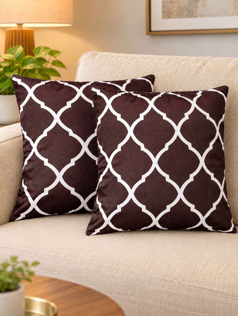 set of 2 brown & white geometric trellis pattern decorative pillow cover