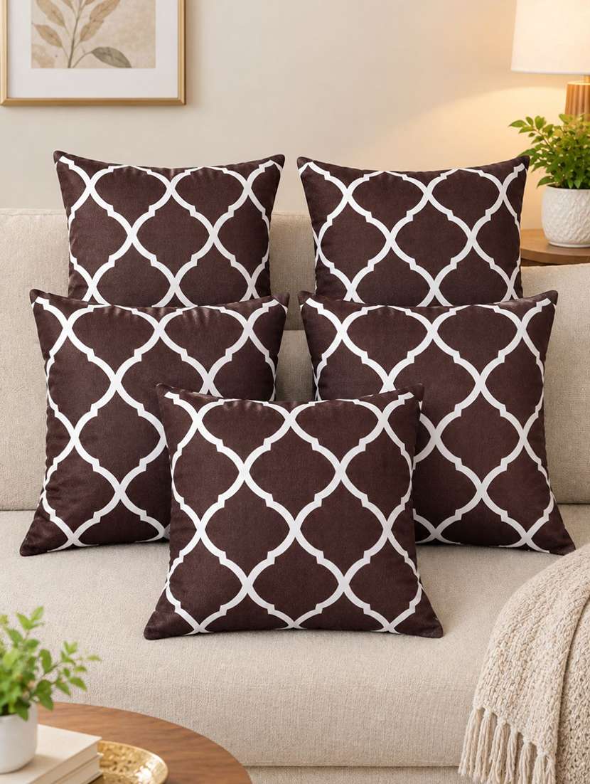 set of 5 brown & white geometric trellis pattern decorative pillow cover