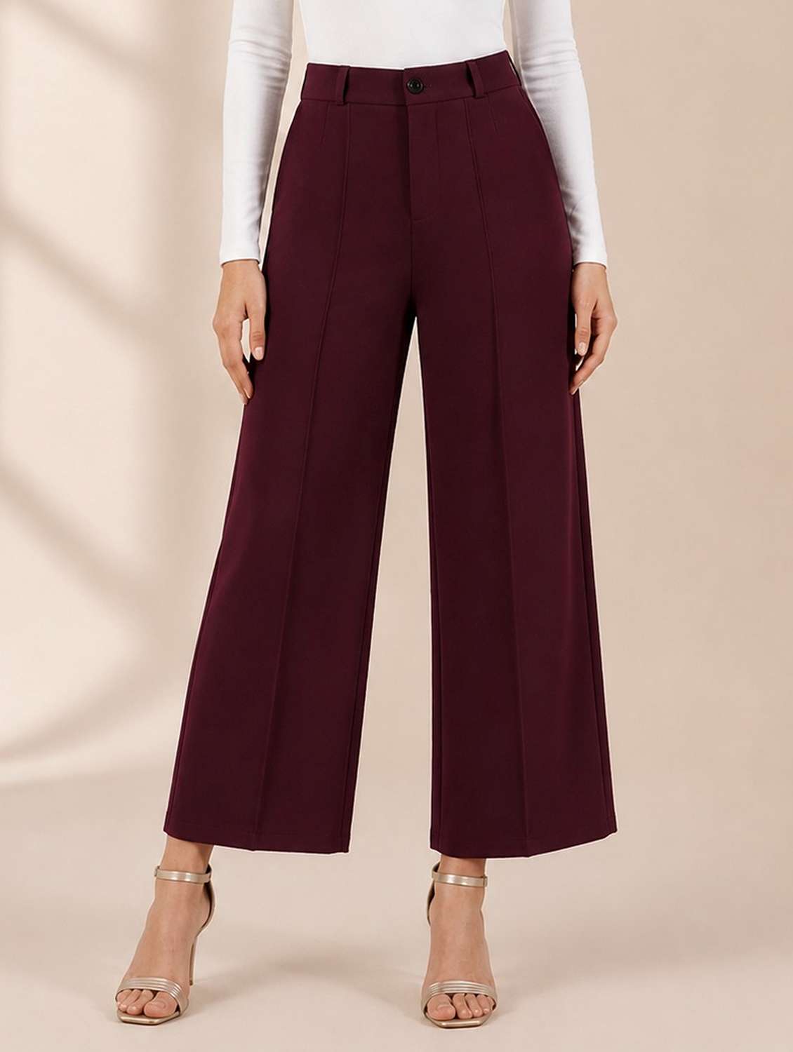 women solid high rise wide leg trouser