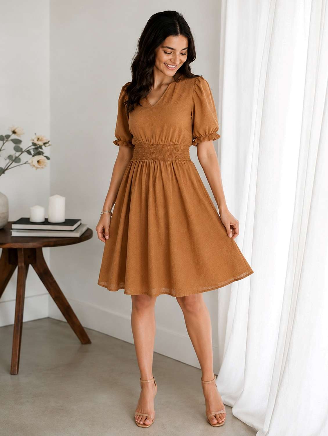 women solid puff sleeves fit and flare dress