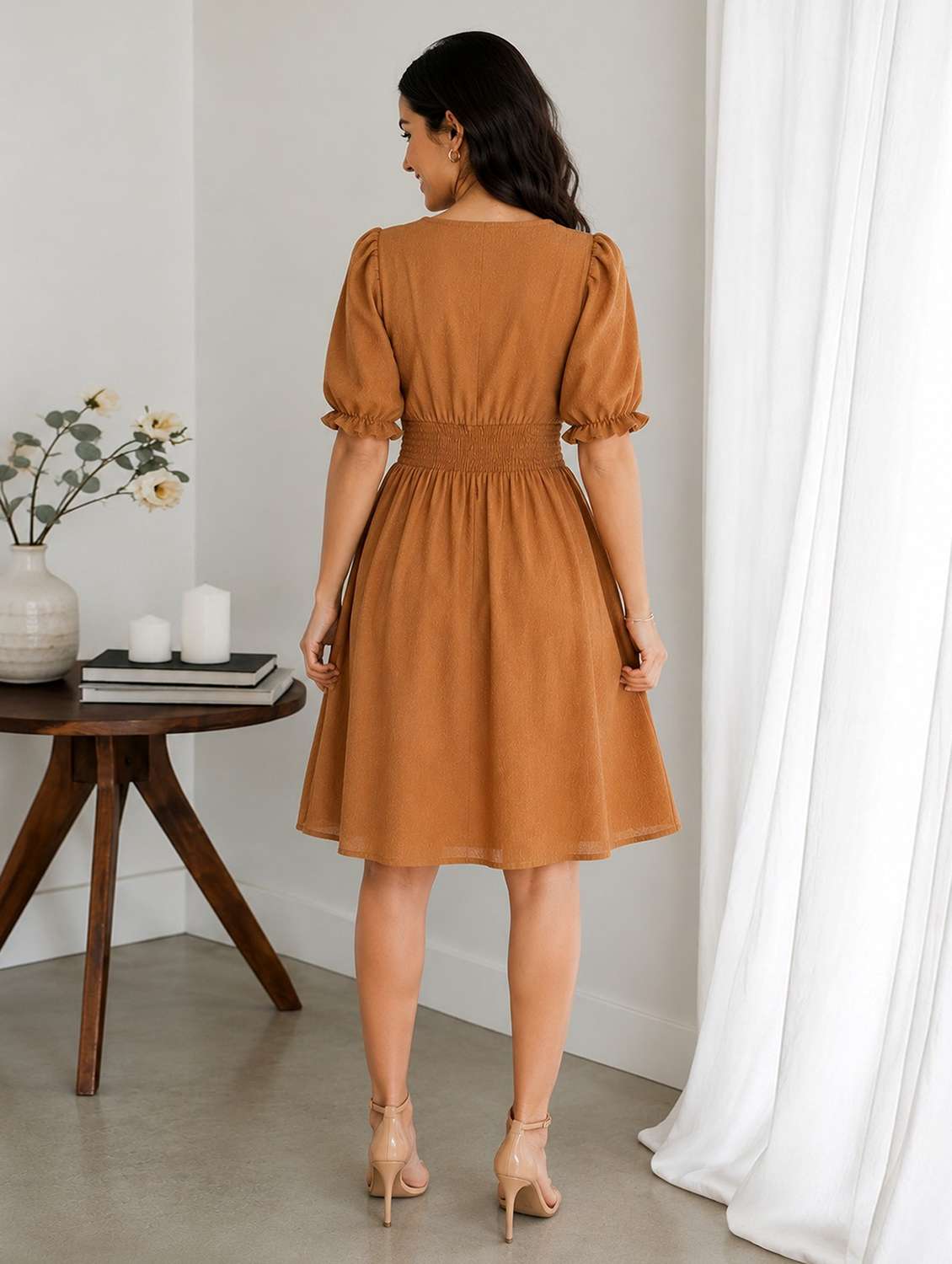 Women Solid Puff Sleeves Fit And Flare Dress - 22730926 -  Standard Image - 3