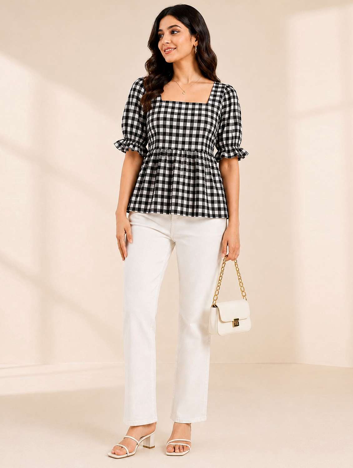 women checkered puff sleeves peplum top