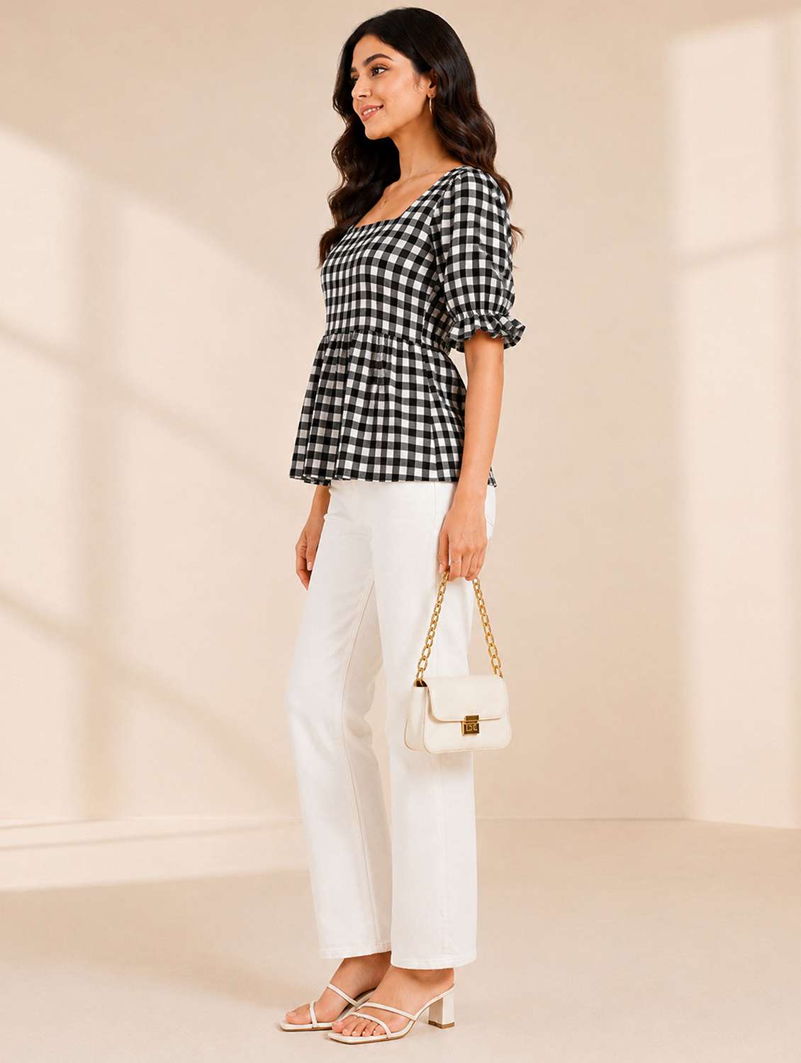 Women Checkered Puff Sleeves Peplum Top - 22730927 -  Standard Image - 3