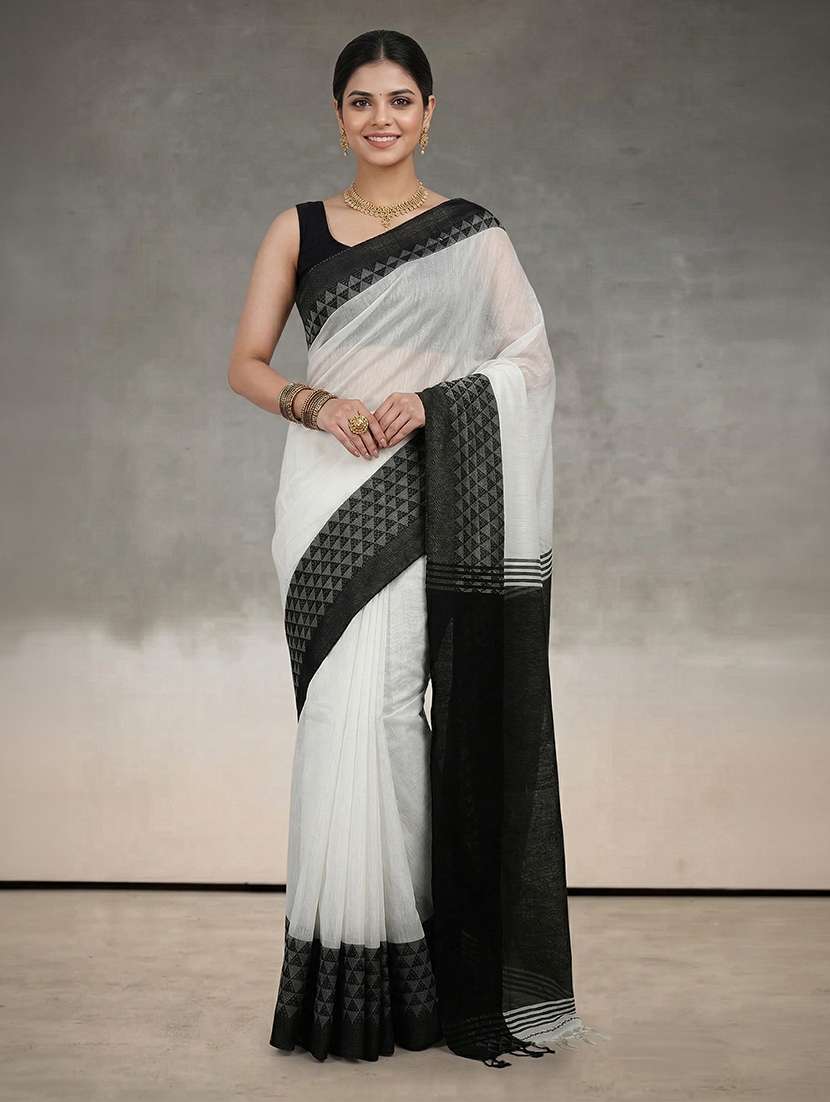 women solid with bordered handloom saree with blouse