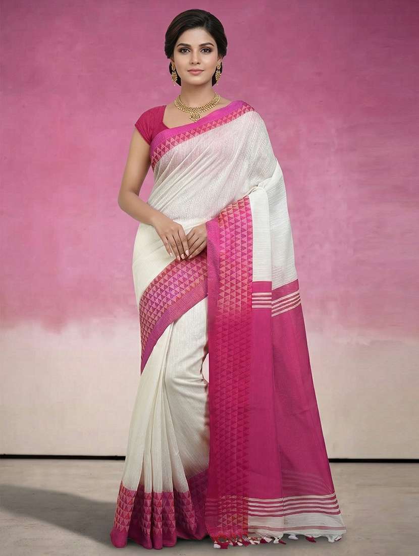 women solid with bordered handloom saree with blouse