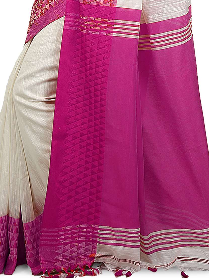 Women Solid With Bordered Handloom Saree With Blouse - 22730932 -  Standard Image - 3