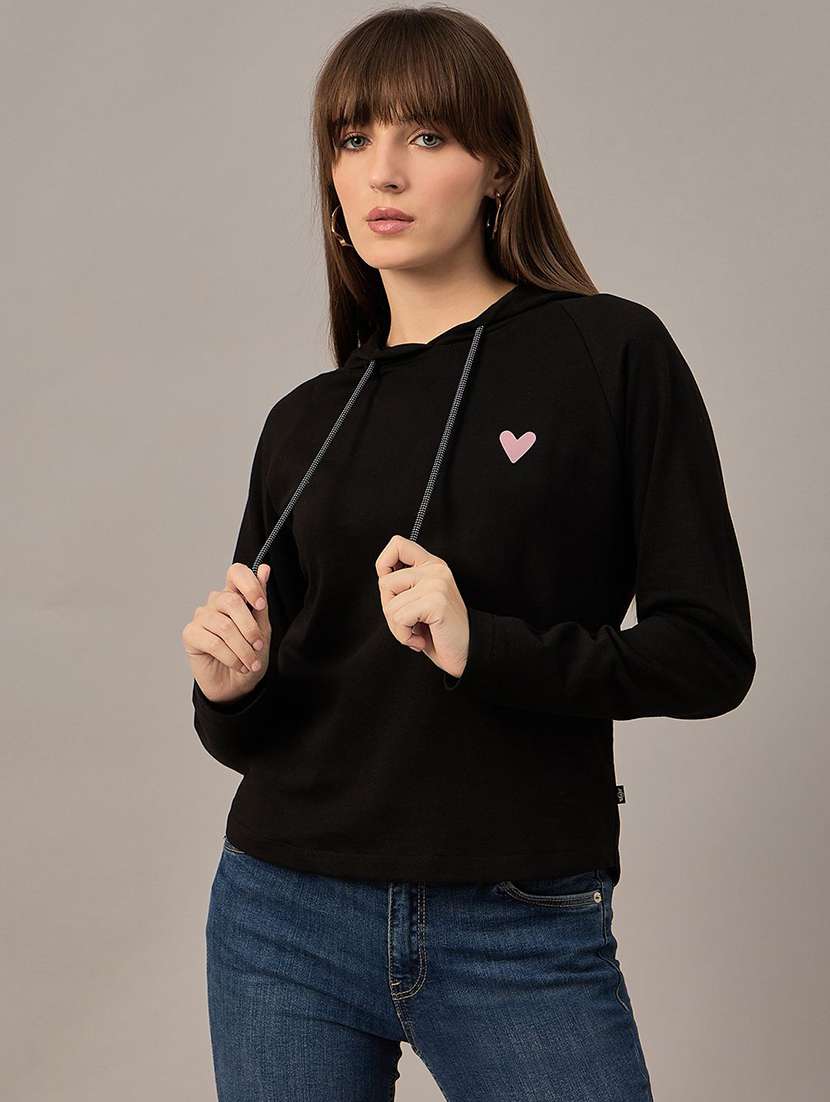 women solid long sleeves hooded sweatshirt