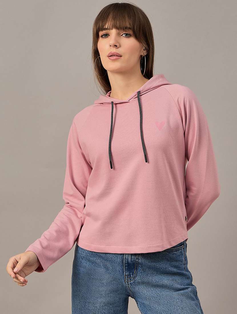 women solid long sleeves hooded sweatshirt