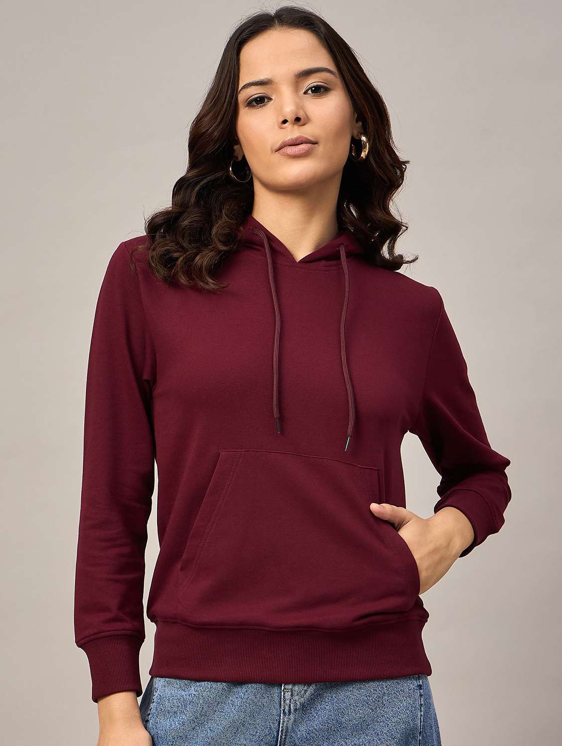 women solid long sleeves hooded sweatshirt