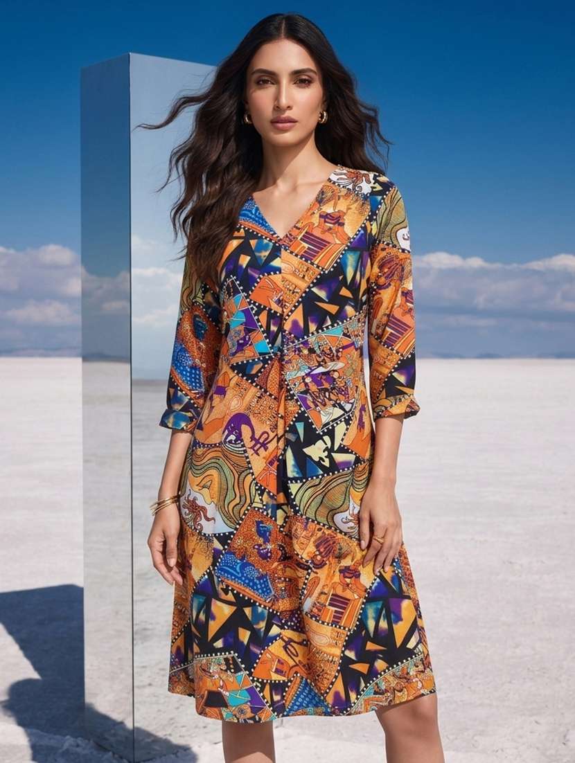 women printed three quarter sleeves a-line dress