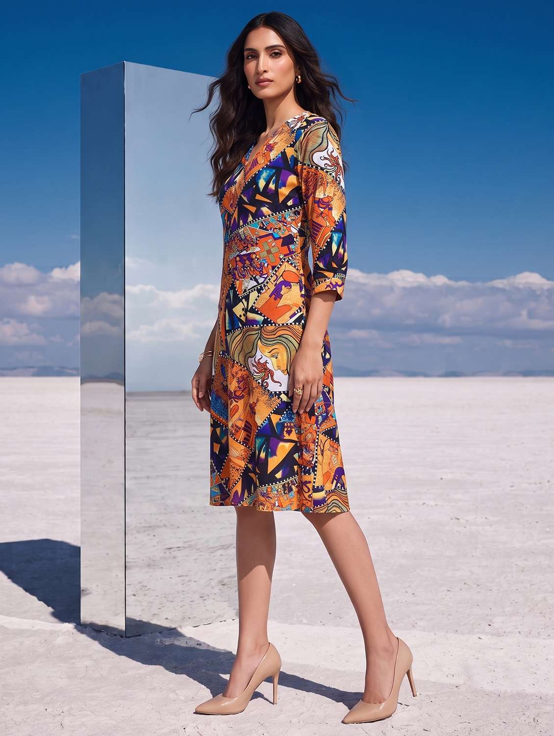 Women Printed Three Quarter Sleeves A-line Dress - 22731485 -  Standard Image - 3
