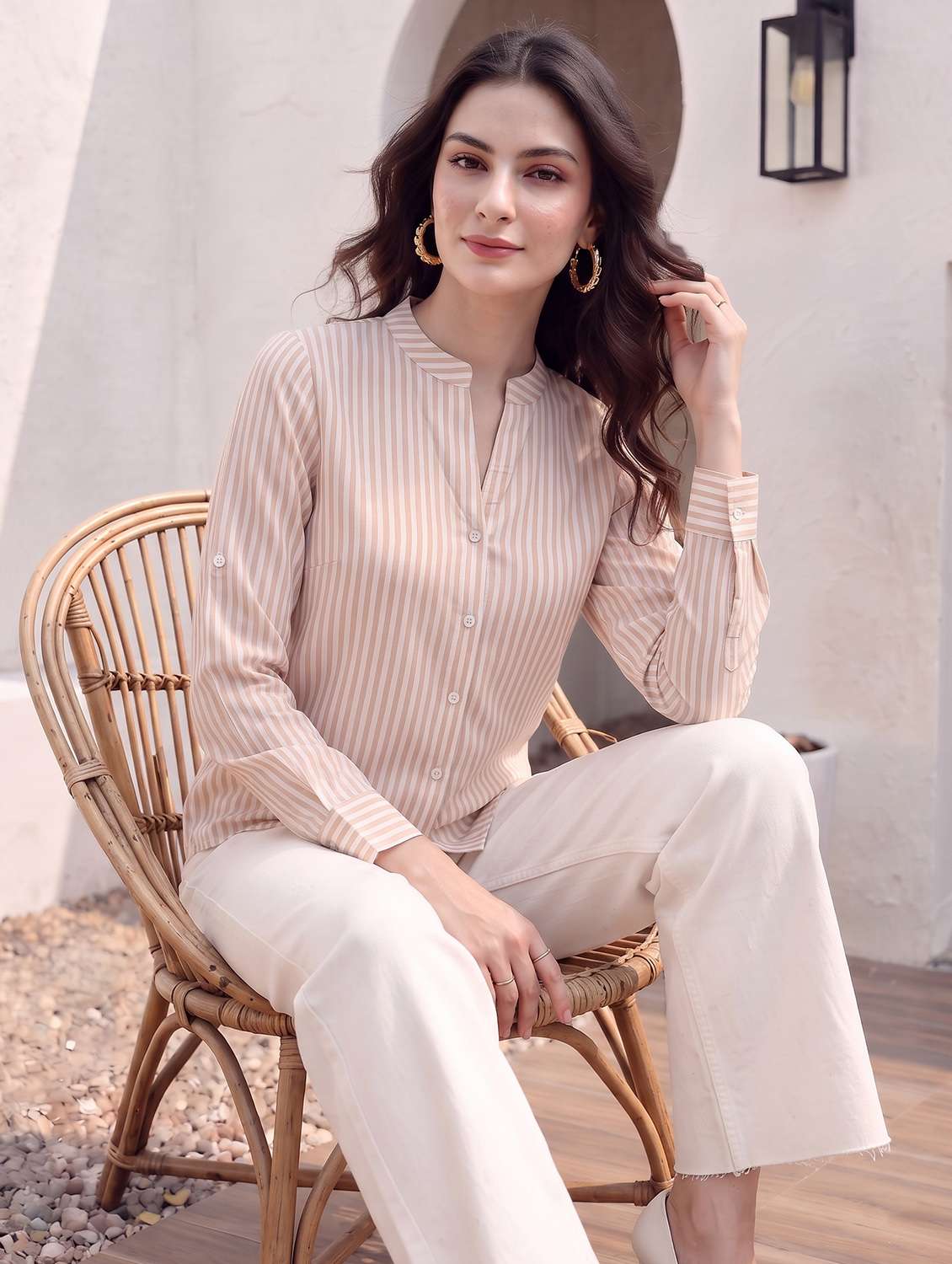 women striped long sleeves regular shirt