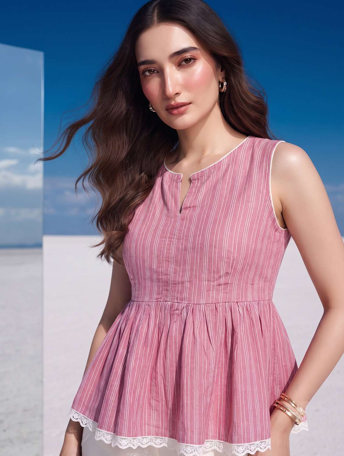 women striped sleeveless peplum top