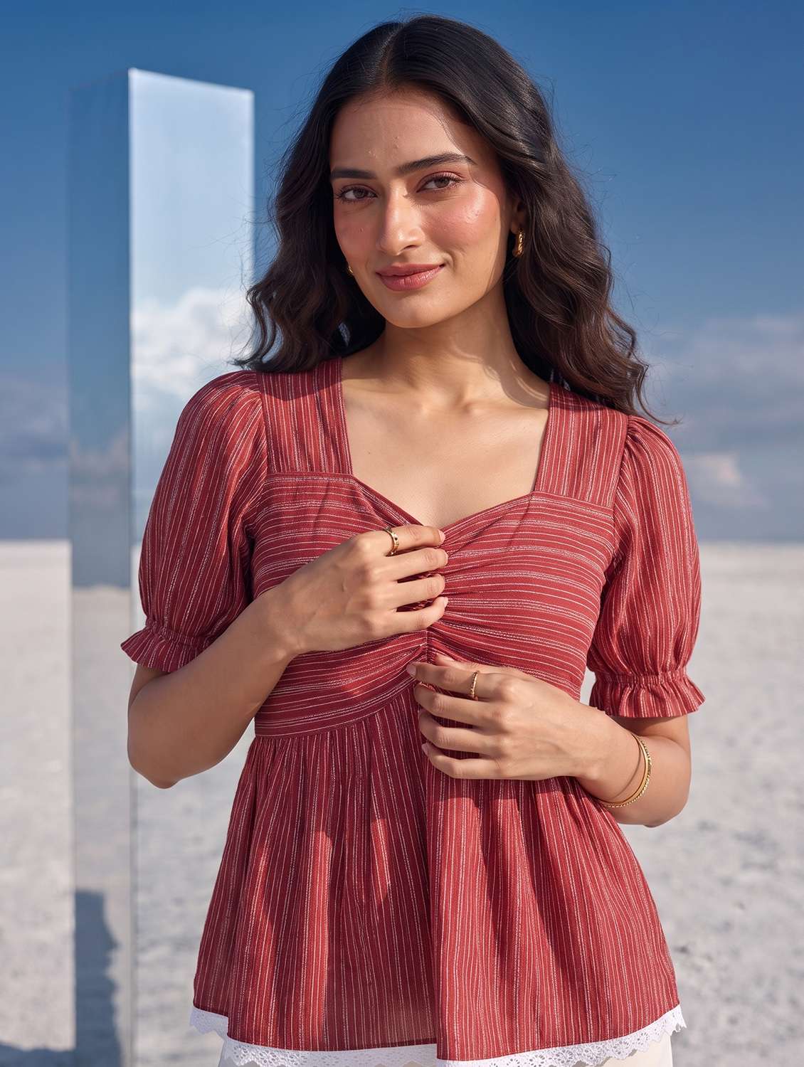 women striped puff sleeves peplum top