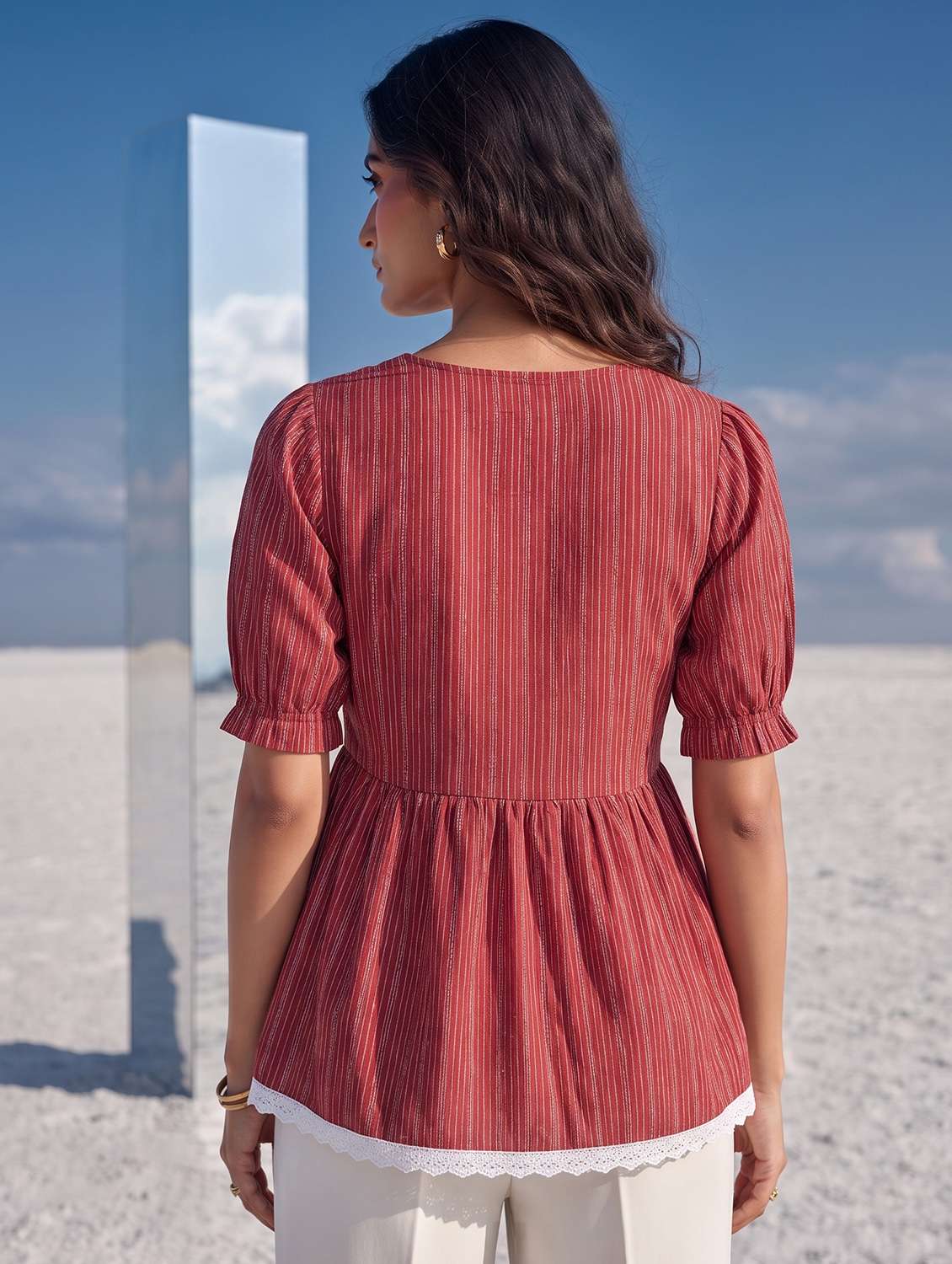 Women Striped Puff Sleeves Peplum Top - 22731514 -  Standard Image - 3