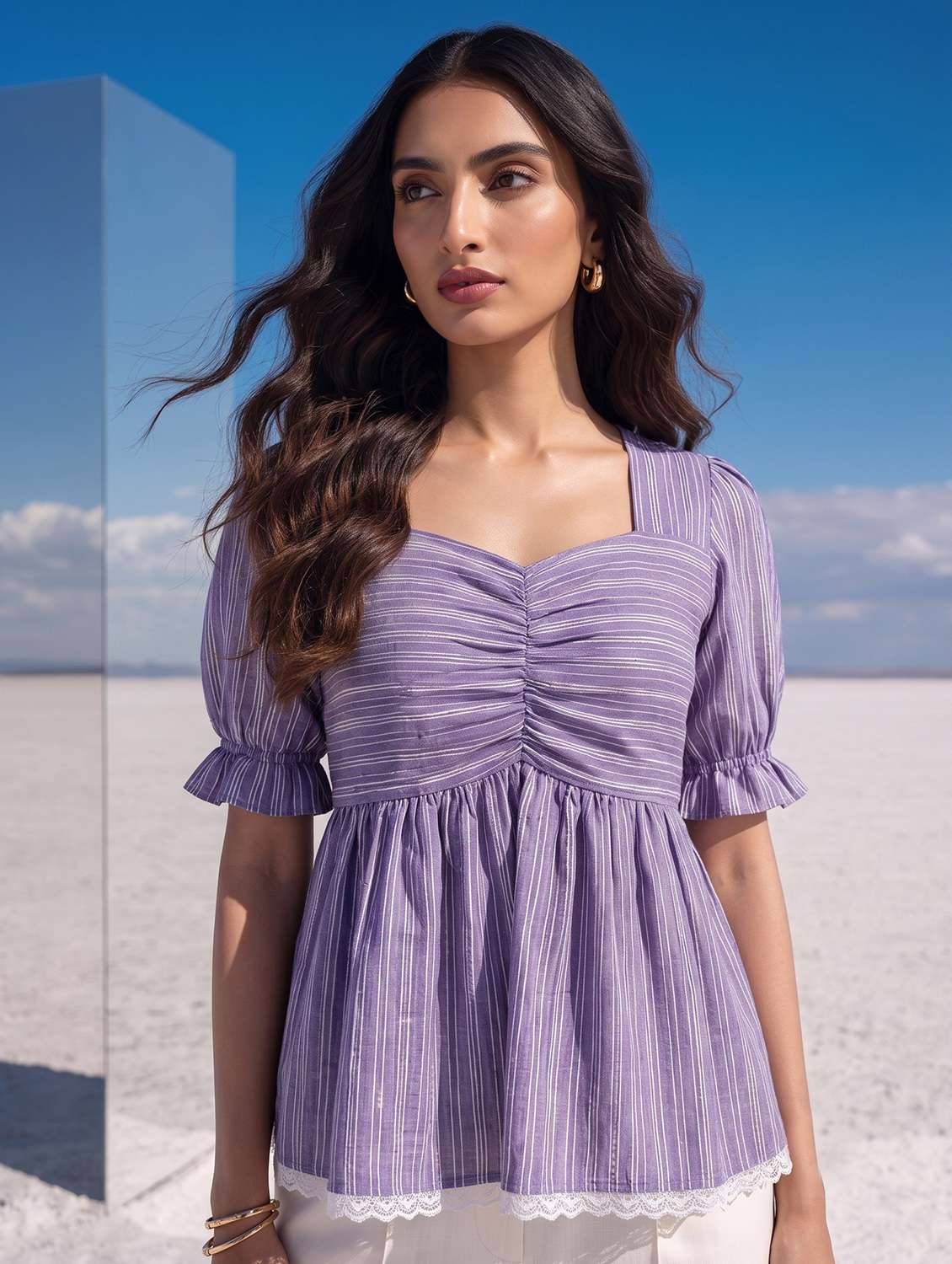 women striped puff sleeves peplum top