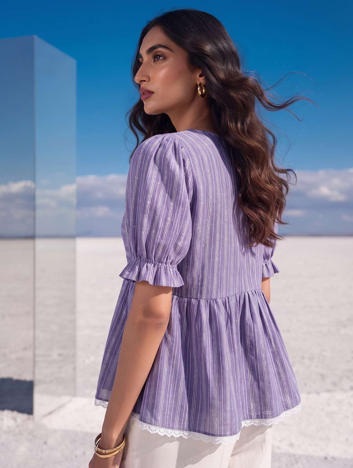 Women Striped Puff Sleeves Peplum Top - 22731515 -  Standard Image - 3