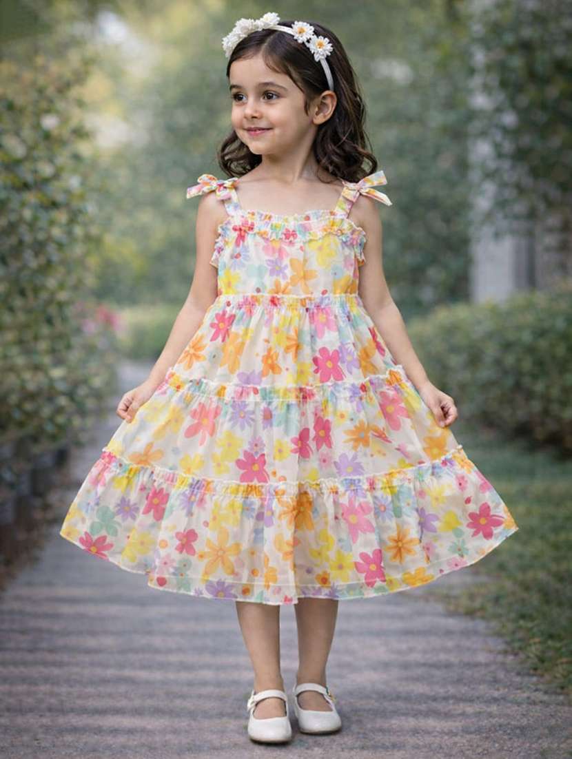girl printed sleeveless tiered frock