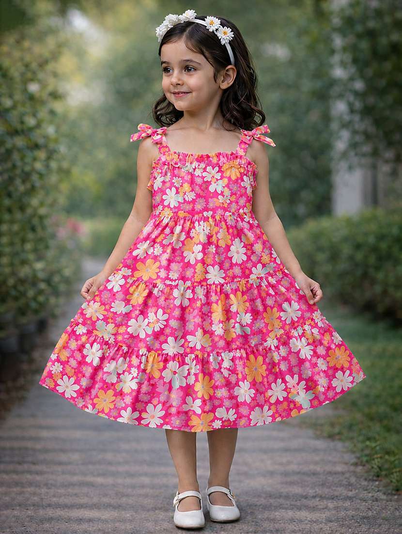 girls printed sleeveless tiered frock