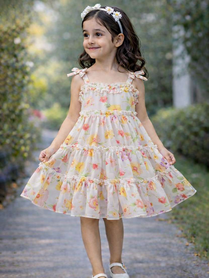 girls printed sleeveless tiered frock