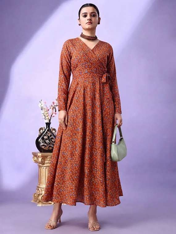 women printed long sleeves fit and flare dress