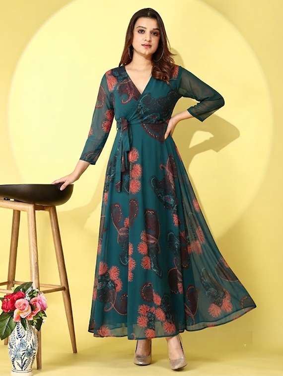 women printed three quarter sleeves fit and flare dress