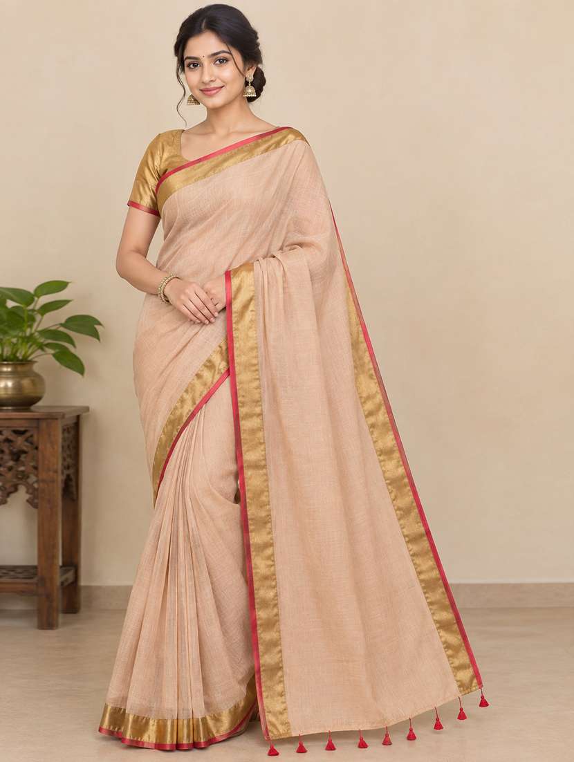 women solid with bordered saree with blouse