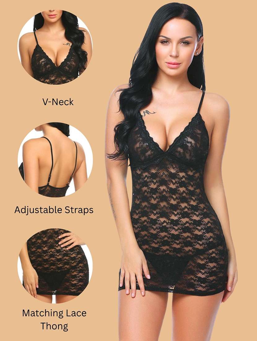 Women Self Design V Neck Babydoll Set - 22731755 -  Standard Image - 5