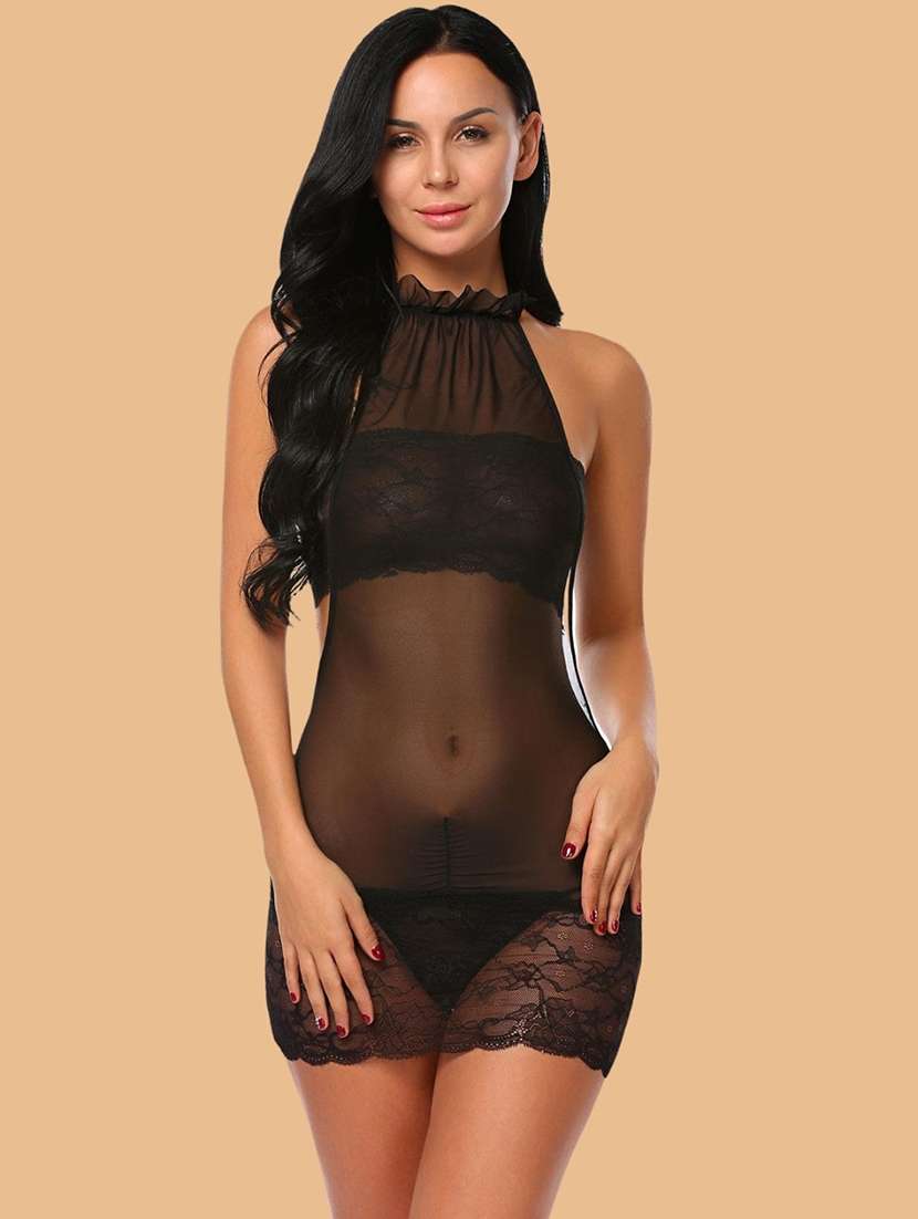 women self design halter neck babydoll set