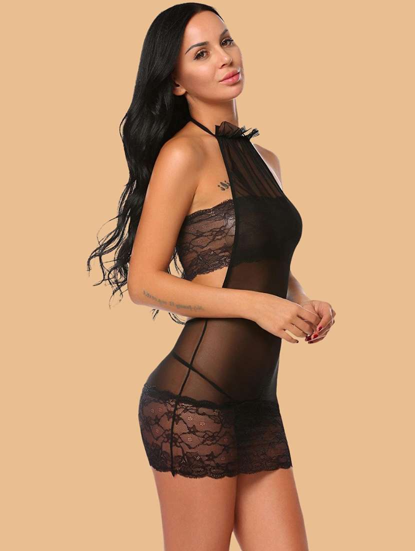 Women Self Design Halter Neck Babydoll Set - 22731786 -  Standard Image - 3