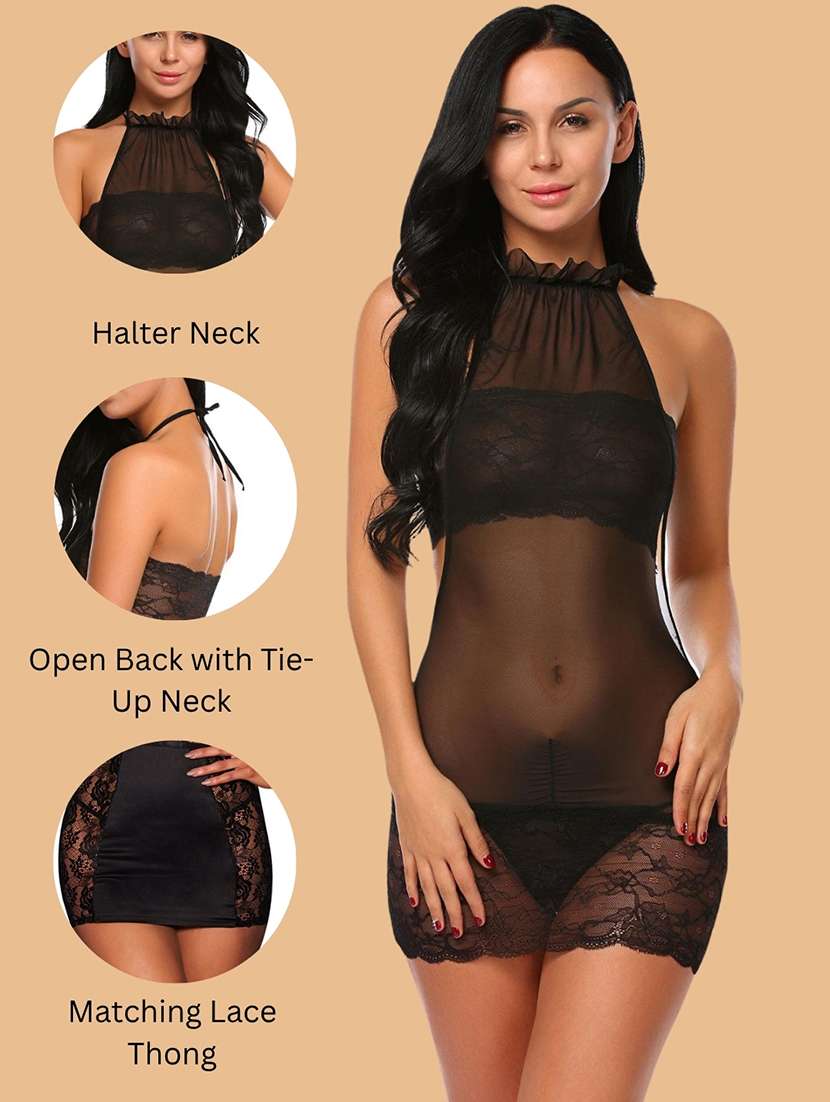 Women Self Design Halter Neck Babydoll Set - 22731786 -  Standard Image - 5