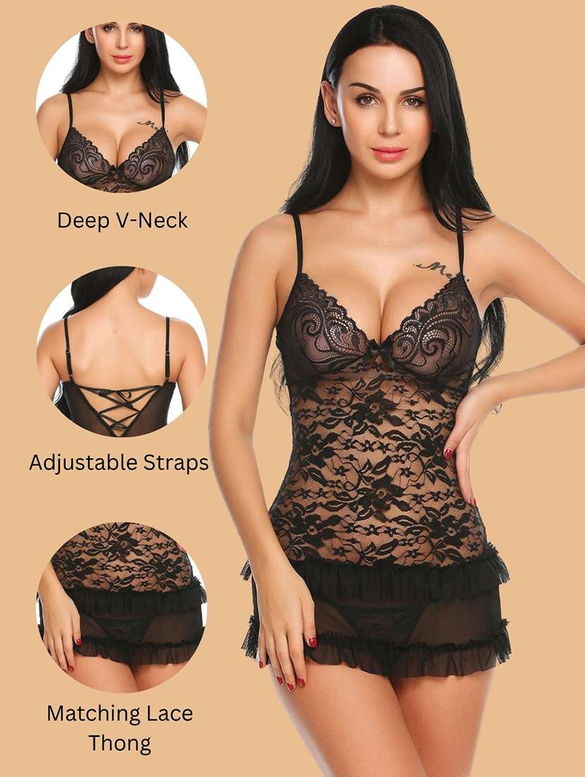 Women Self Design V Neck Babydoll Set - 22731792 -  Standard Image - 3