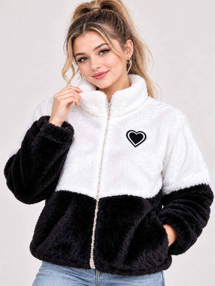 women colourblocked long sleeves fur jacket