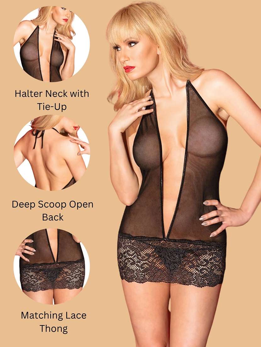 Women Self Design Halter Neck Babydoll Set - 22732488 -  Standard Image - 3