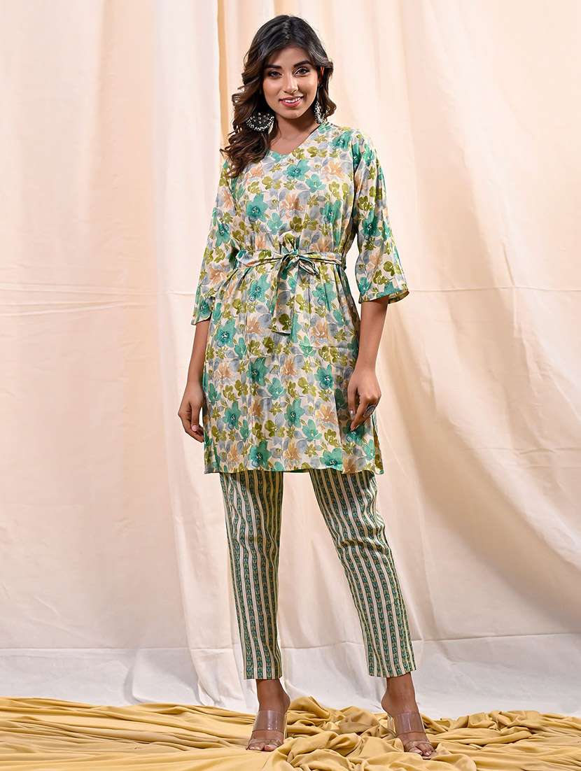 women printed three quarter sleeves ethnic co-ord set