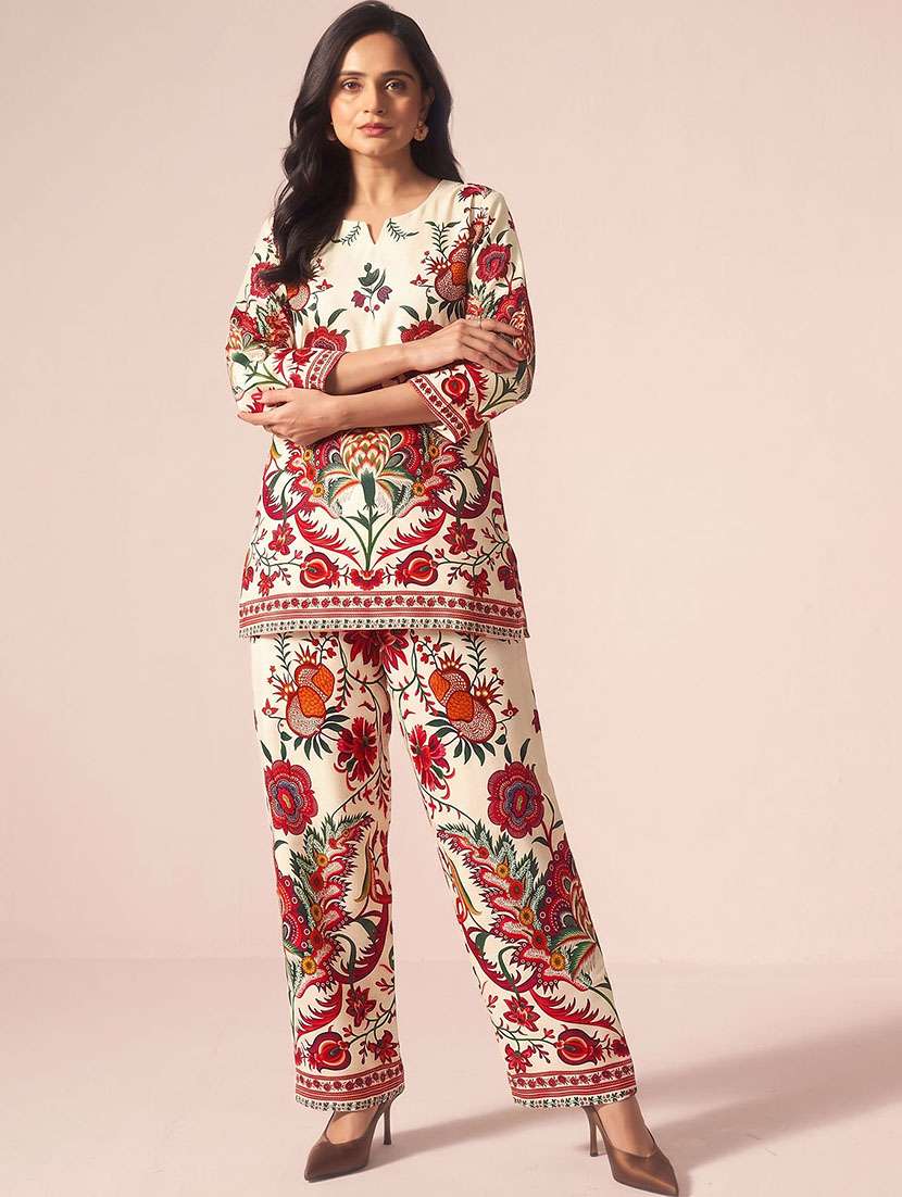 women printed three quarter sleeves ethnic co-ord set