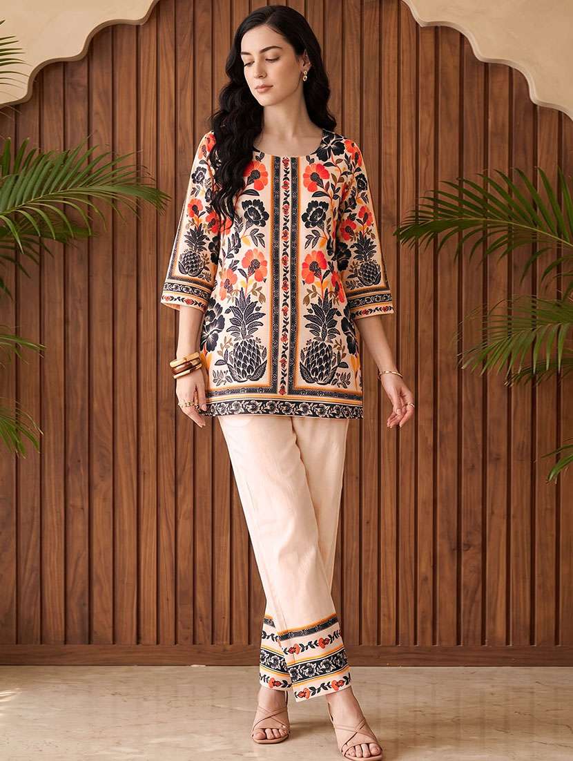 women printed three quarter sleeves ethnic co-ord set
