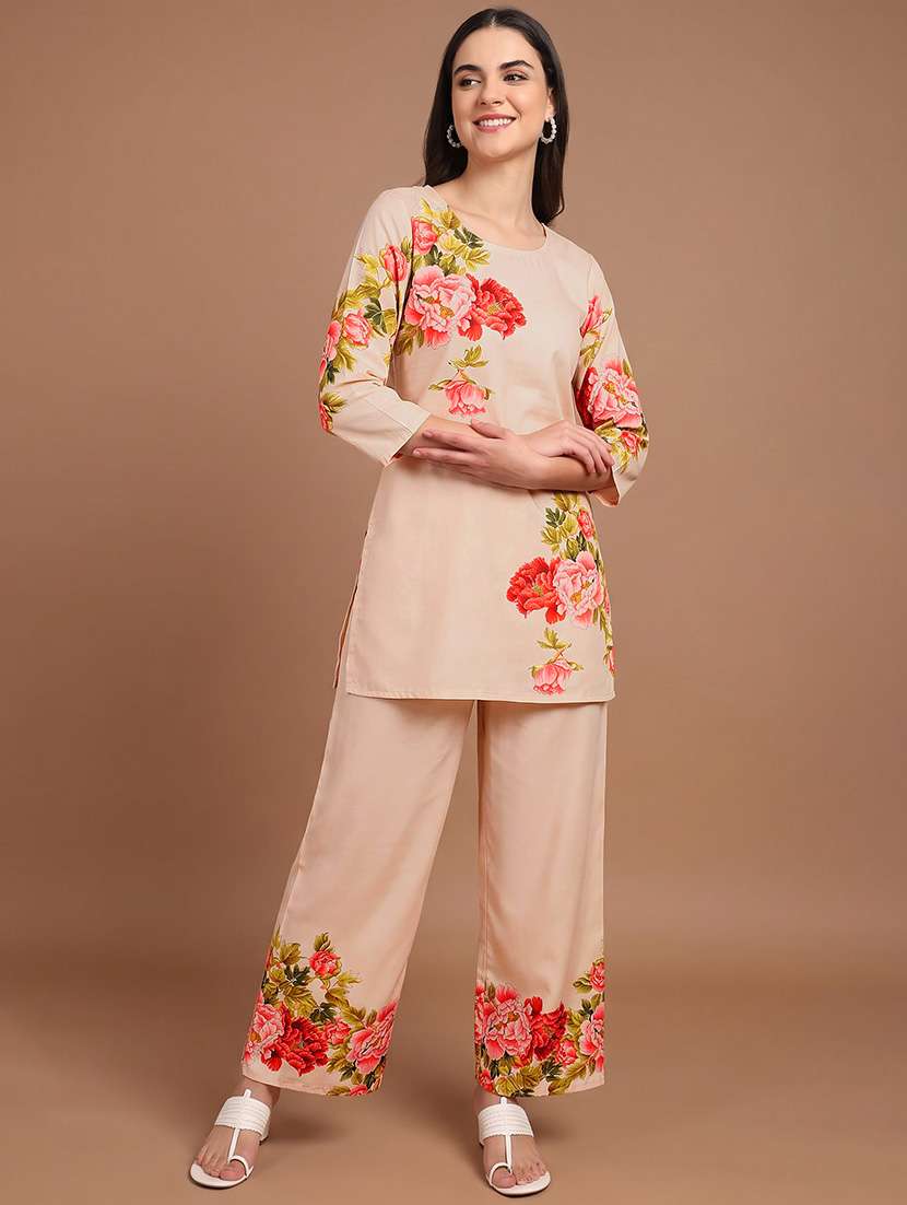 women printed three quarter sleeves ethnic co-ord set