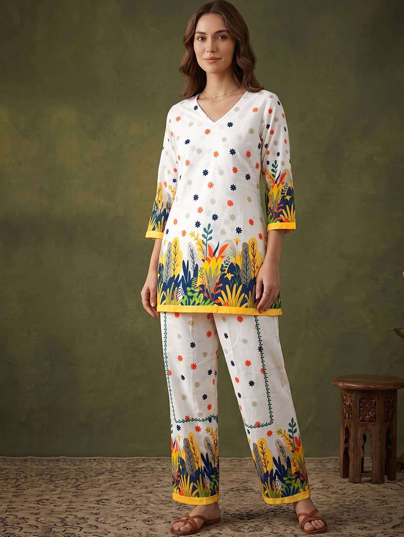 women printed three quarter sleeves ethnic co-ord set