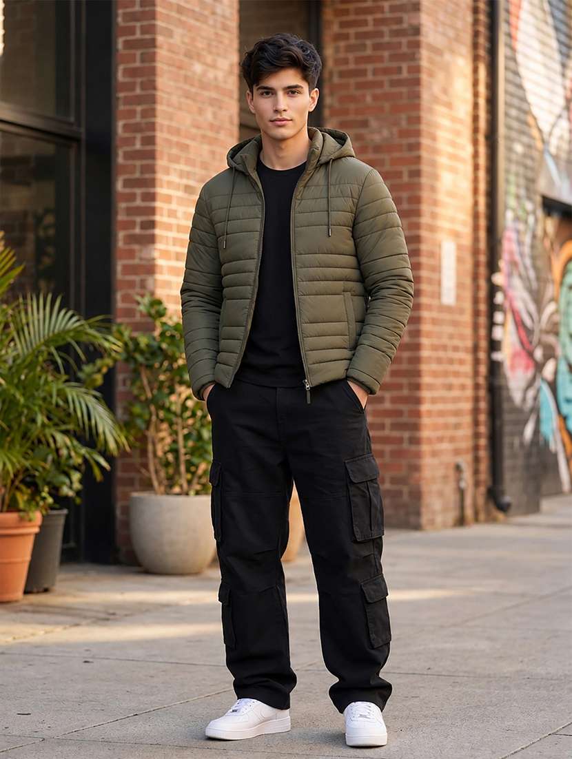 men solid long sleeve puffer jacket