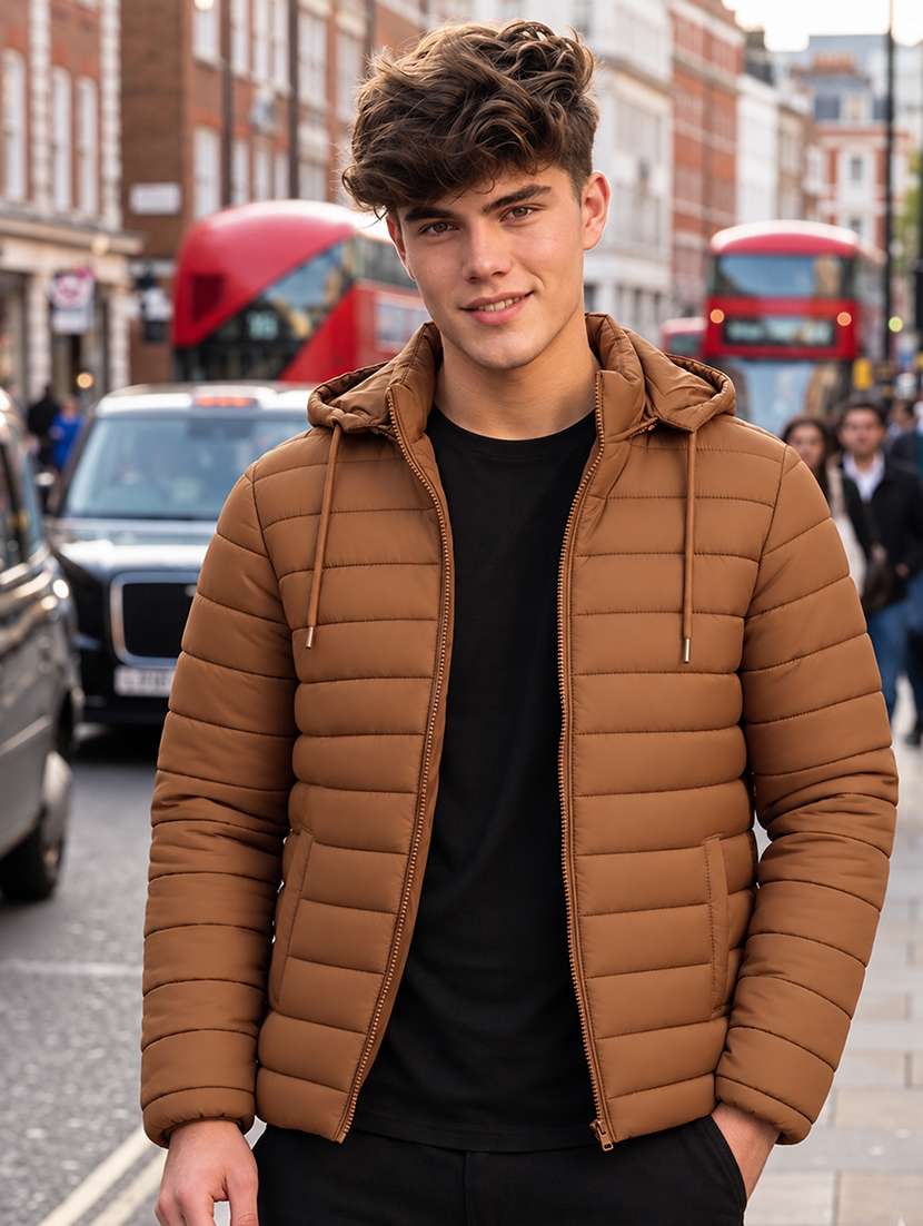 men solid long sleeve puffer jacket