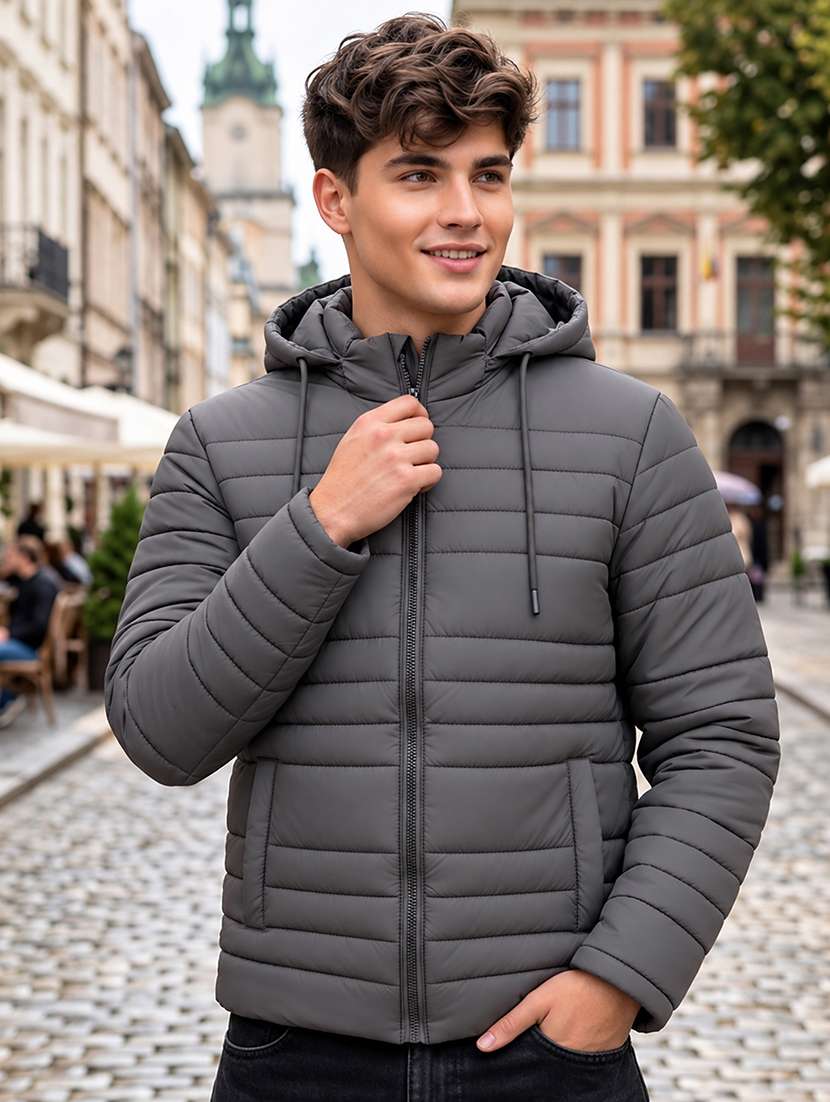 men solid long sleeve puffer jacket