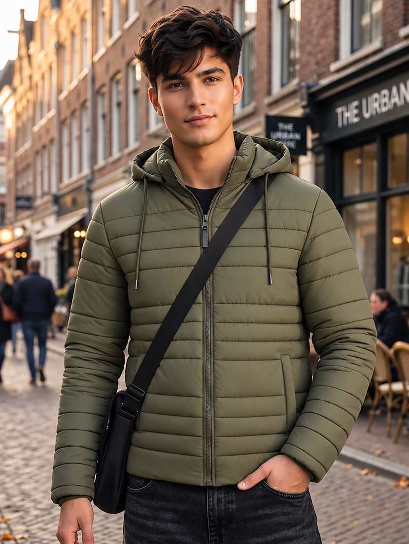 men solid long sleeve puffer jacket