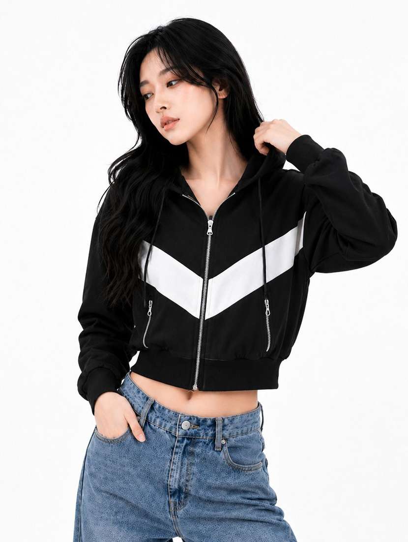 women color block long sleeve windcheater jacket