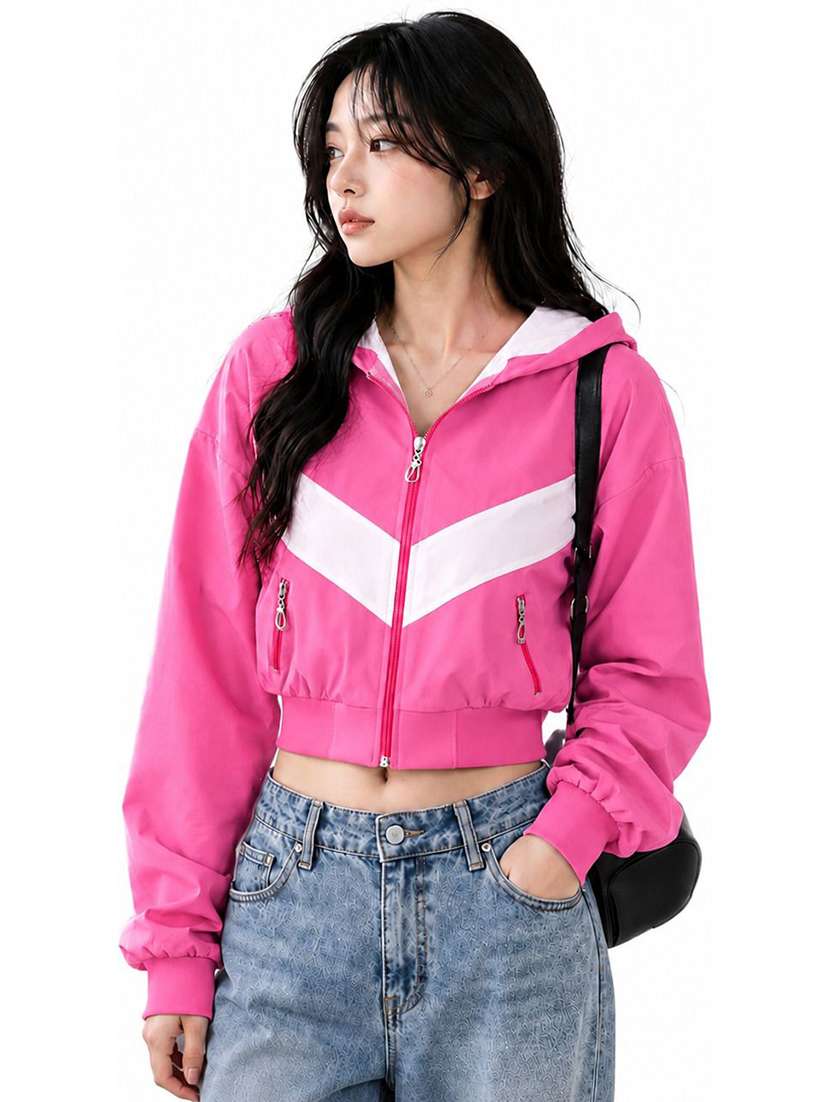 women color block long sleeve windcheater jacket