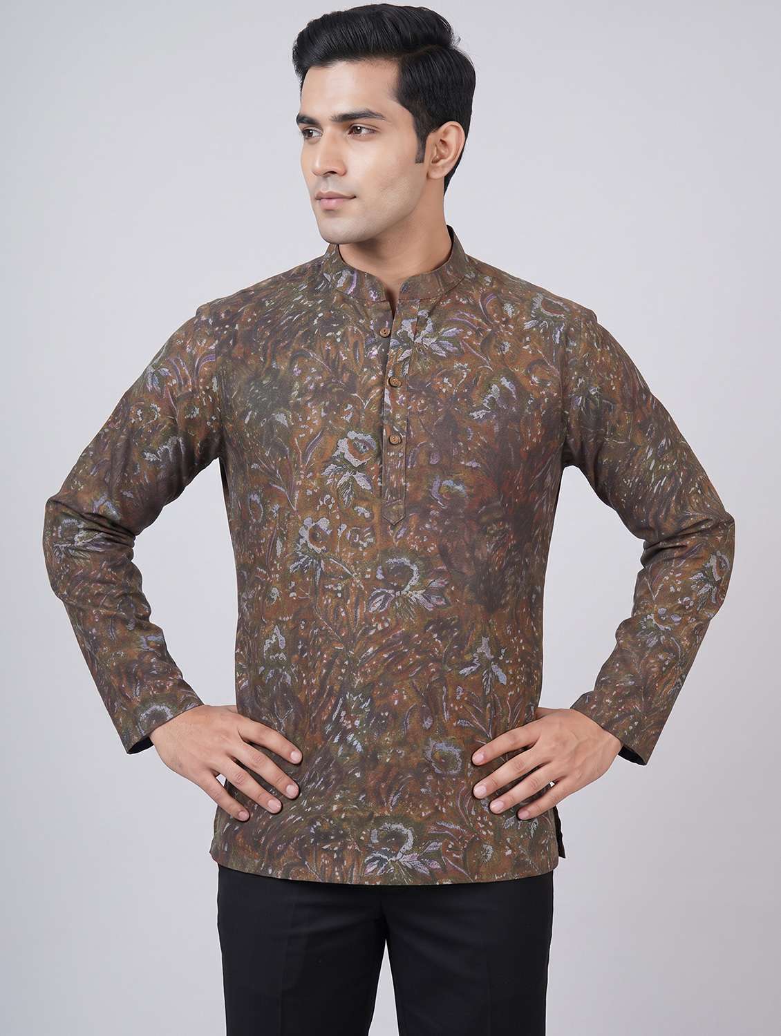 men printed mandarin neck short kurta