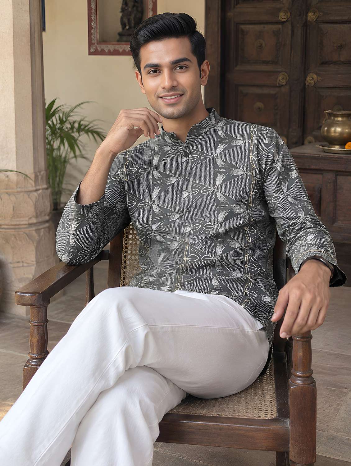 men printed mandarin neck short kurta
