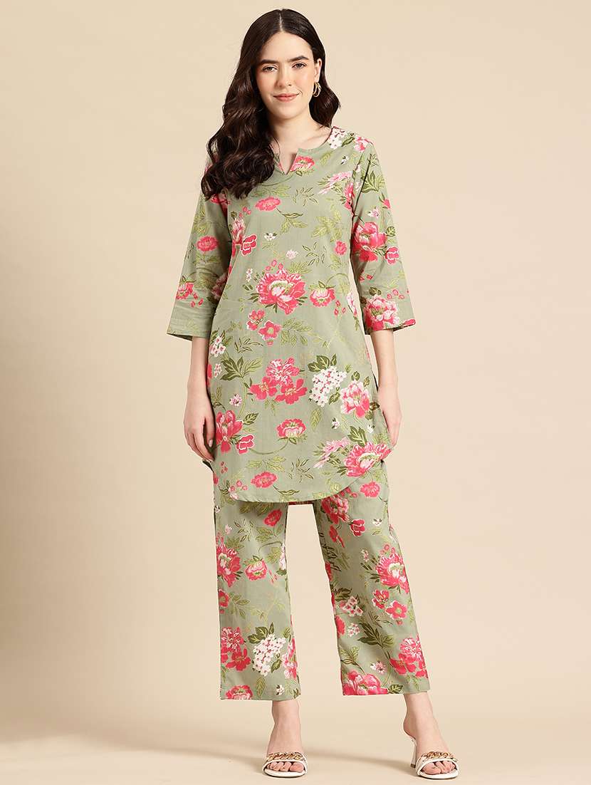 women printed three quarter sleeves ethnic co-ord set