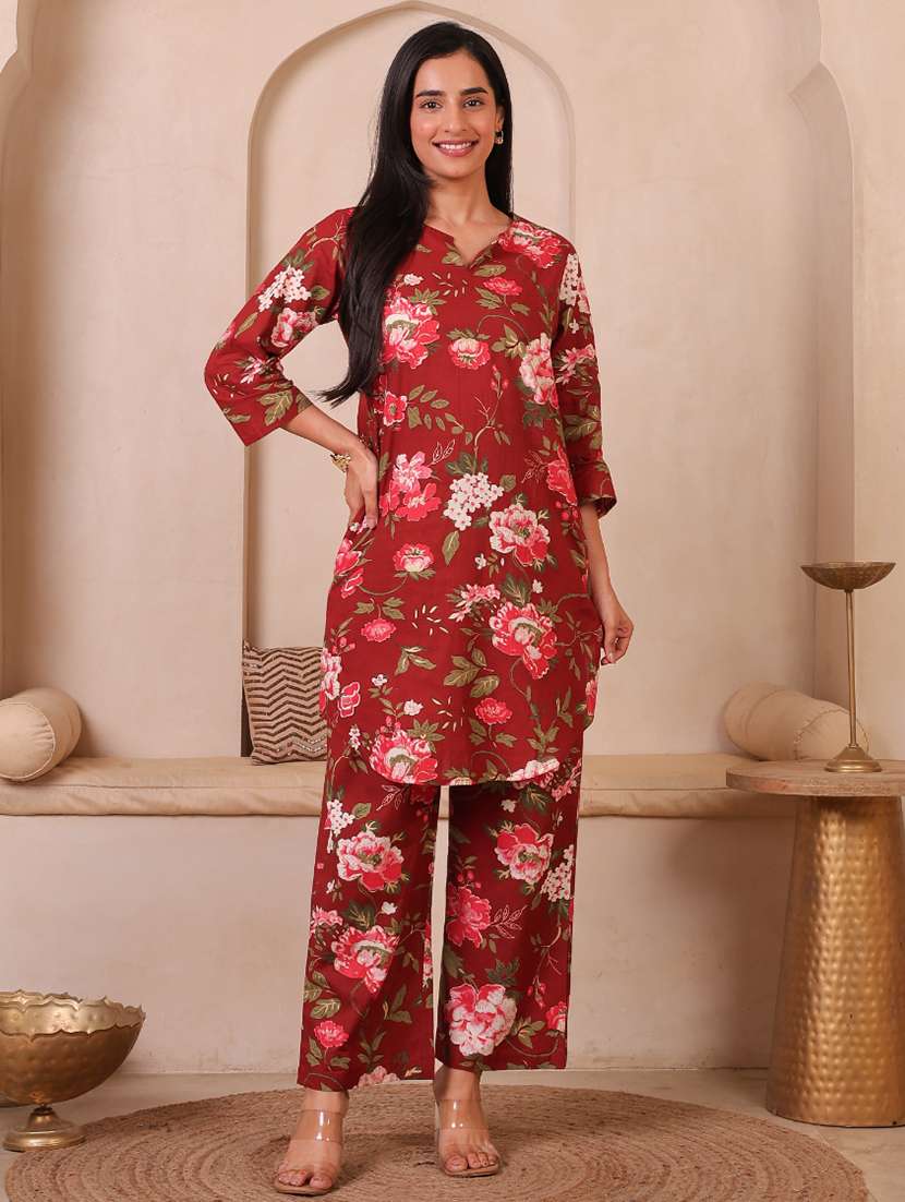 women printed three quarter sleeves ethnic co-ord set